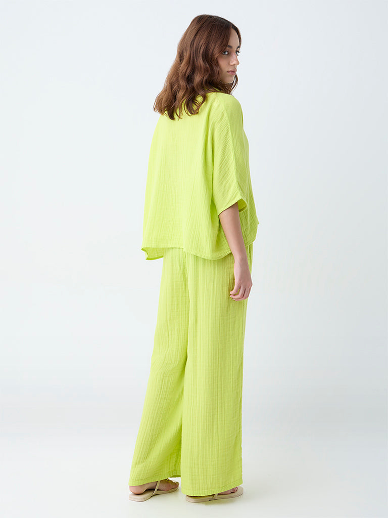 Wunderlove Lime Crinkle-Textured Cotton Beach Shirt