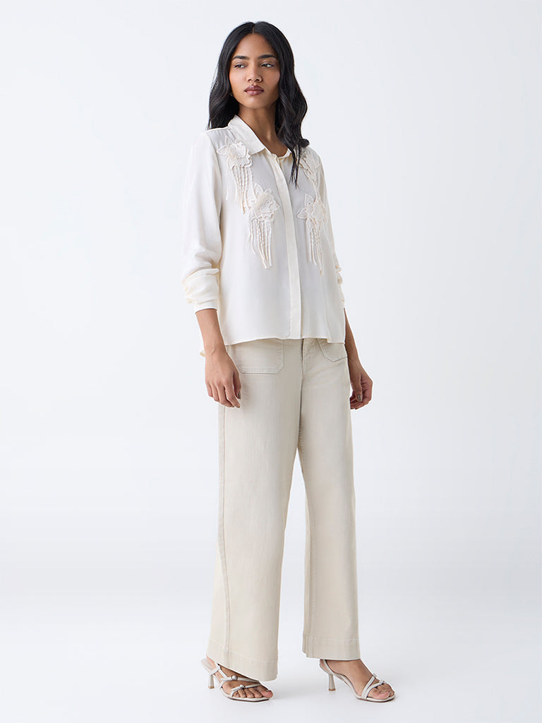 LOV Off-White Floral-Applique Detailed Shirt