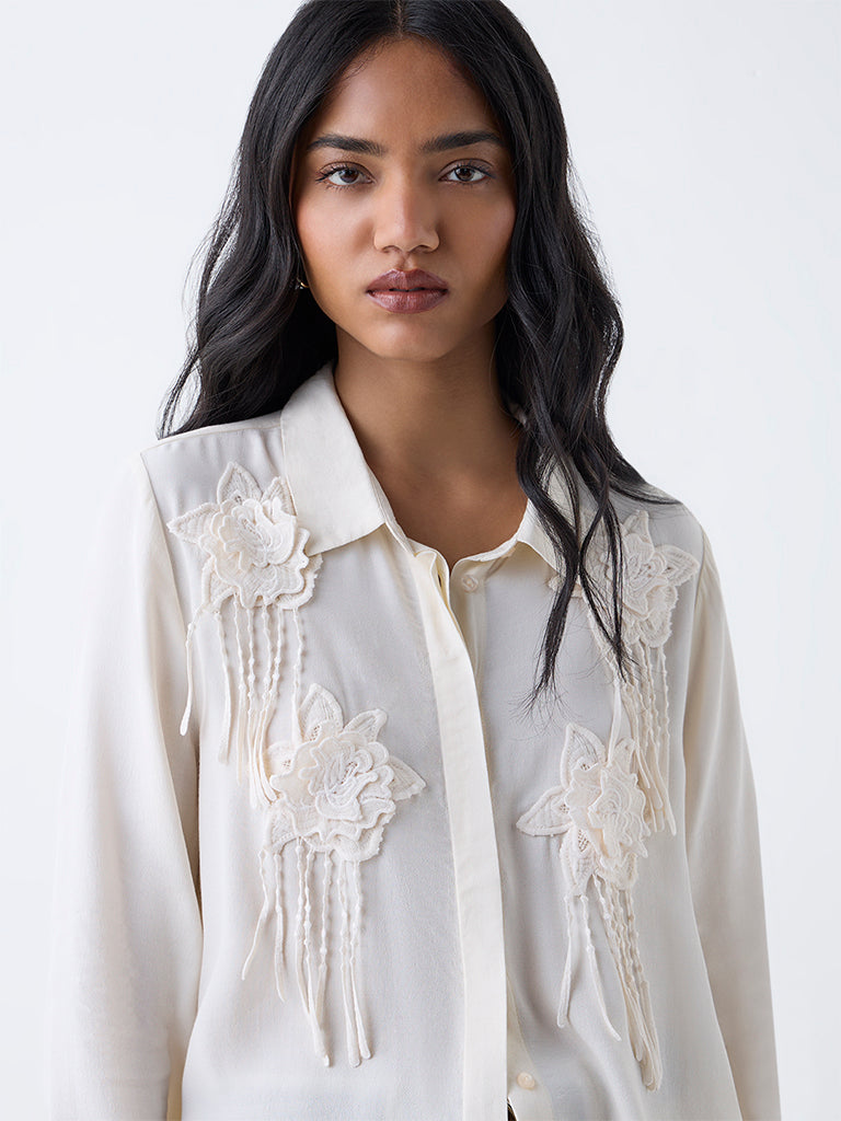LOV Off-White Floral-Applique Detailed Shirt