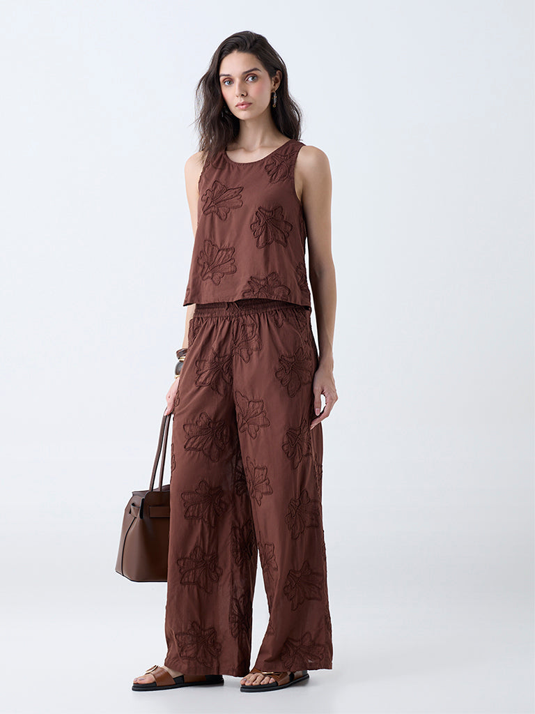LOV Brown Floral Embroidered Cotton Top