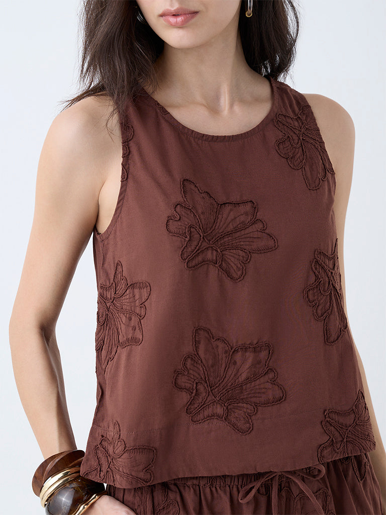 LOV Brown Floral Embroidered Cotton Top