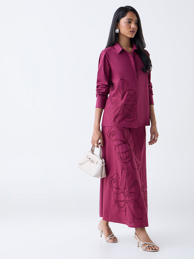 LOV Burgundy Floral Embroidered Cotton Shirt