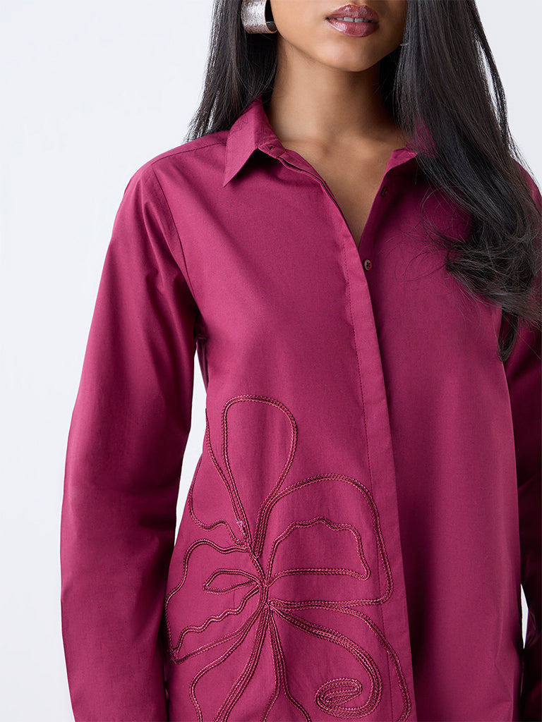 LOV Burgundy Floral Embroidered Cotton Shirt