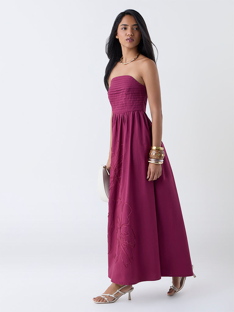LOV Burgundy Floral Embroidered Cotton A-Line Dress