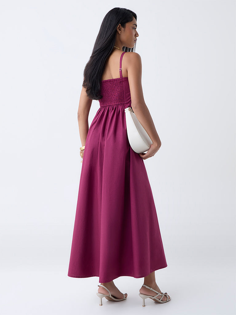LOV Burgundy Floral Embroidered Cotton A-Line Dress