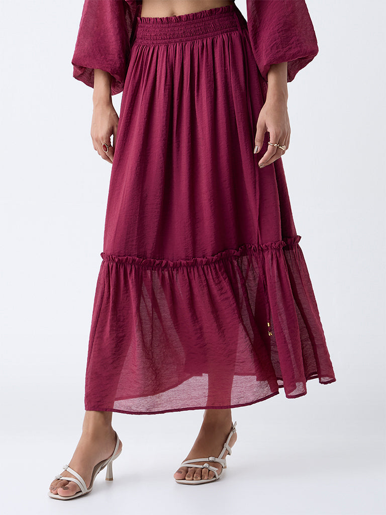 LOV Burgundy Crinkle-Textured High-Rise Skirt
