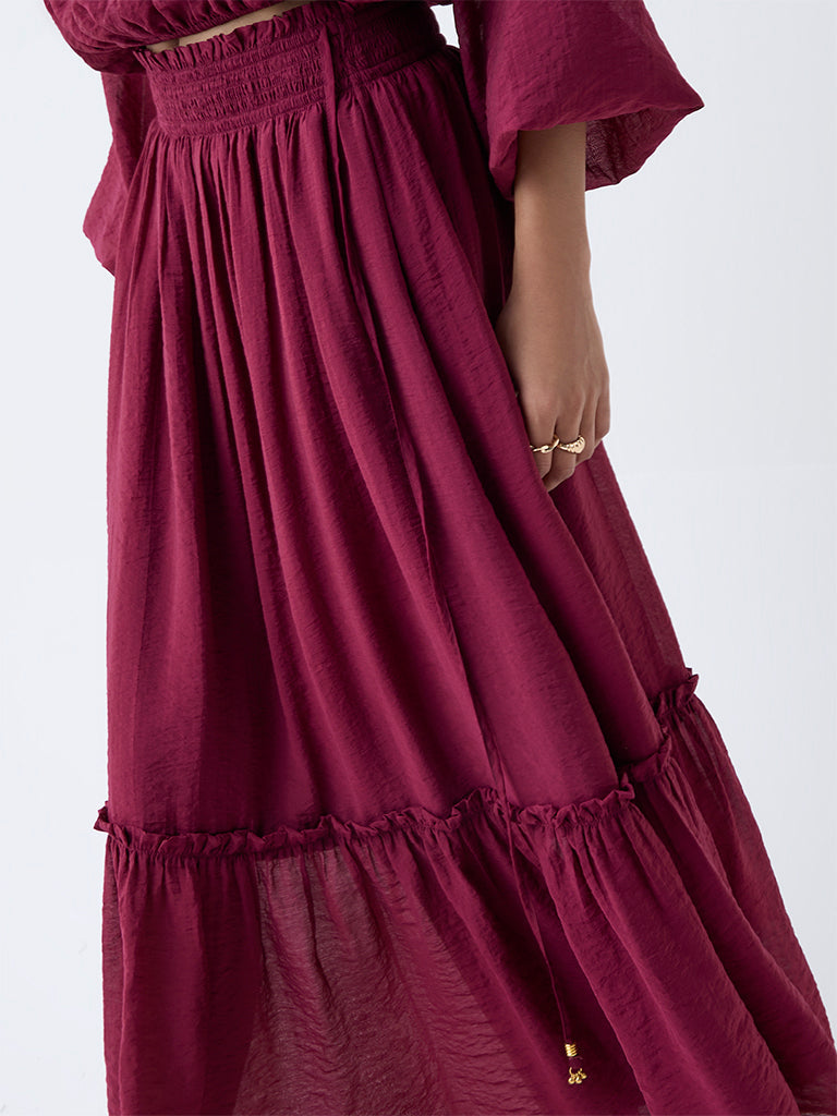 LOV Burgundy Crinkle-Textured High-Rise Skirt