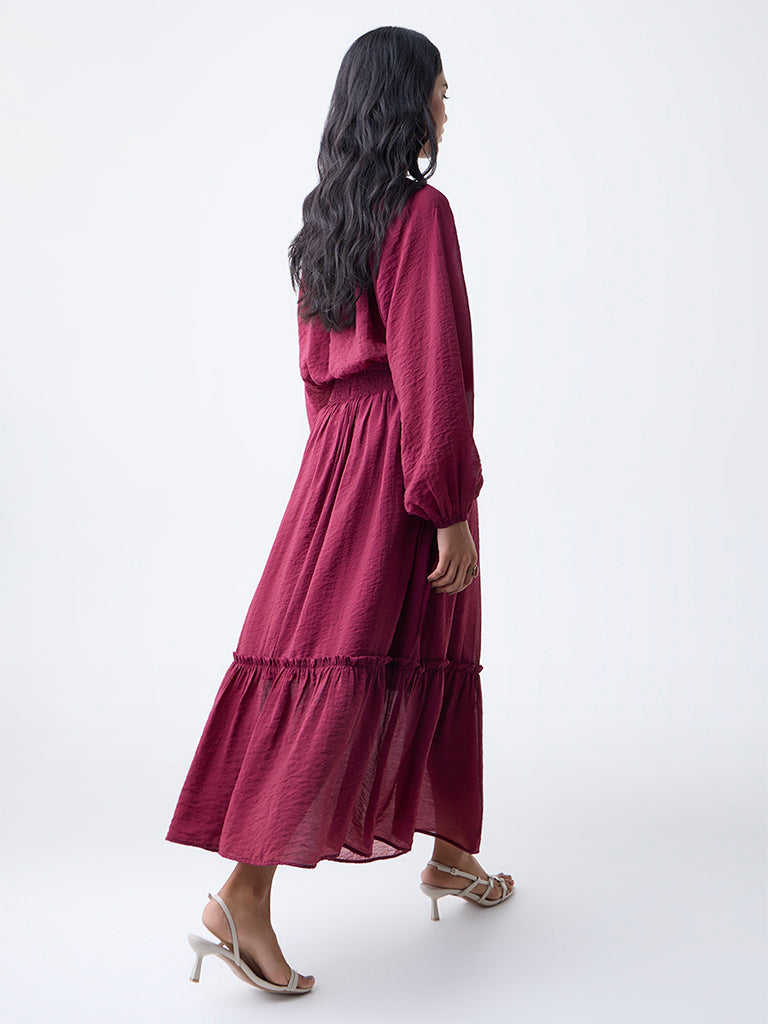 LOV Burgundy Crinkle-Textured High-Rise Skirt