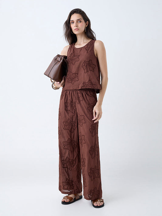 LOV Brown Floral Embroidered High-Rise Cotton Pants