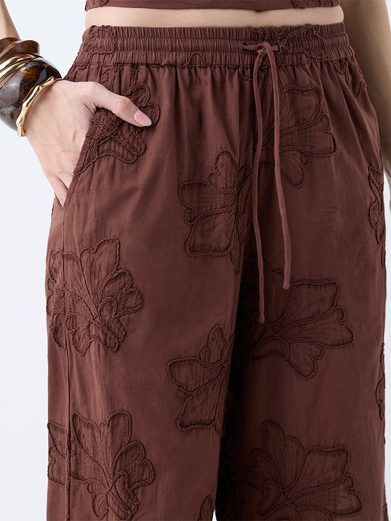 LOV Brown Floral Embroidered High-Rise Cotton Pants