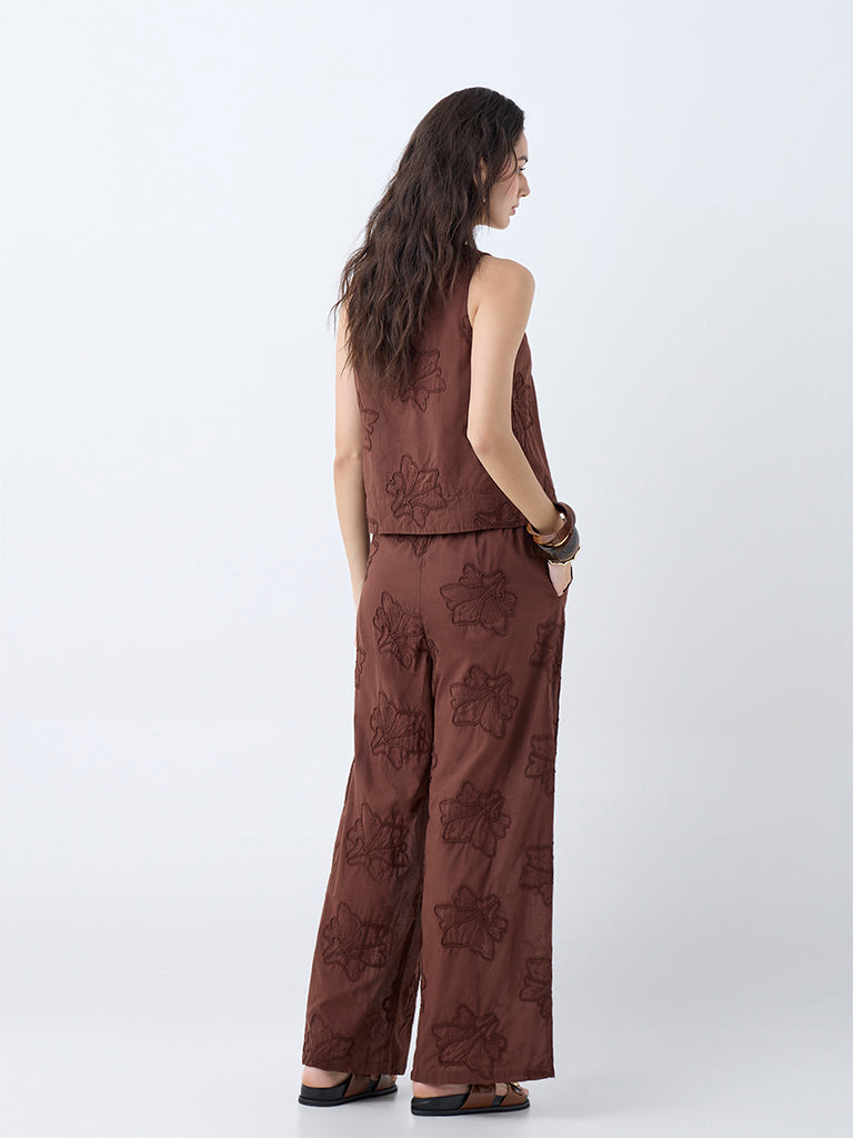 LOV Brown Floral Embroidered High-Rise Cotton Pants