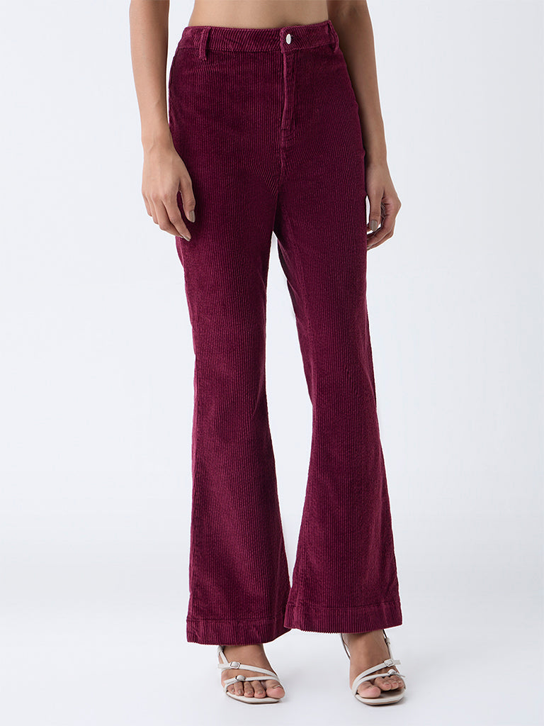 LOV Burgundy Bootcut High-Rise Corduroy Trousers