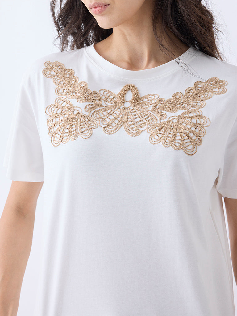 LOV White Embroidered Cotton T-Shirt