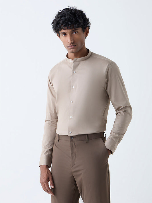 WES Formals Taupe Solid Ultra-Slim Fit Cotton-Blend Shirt