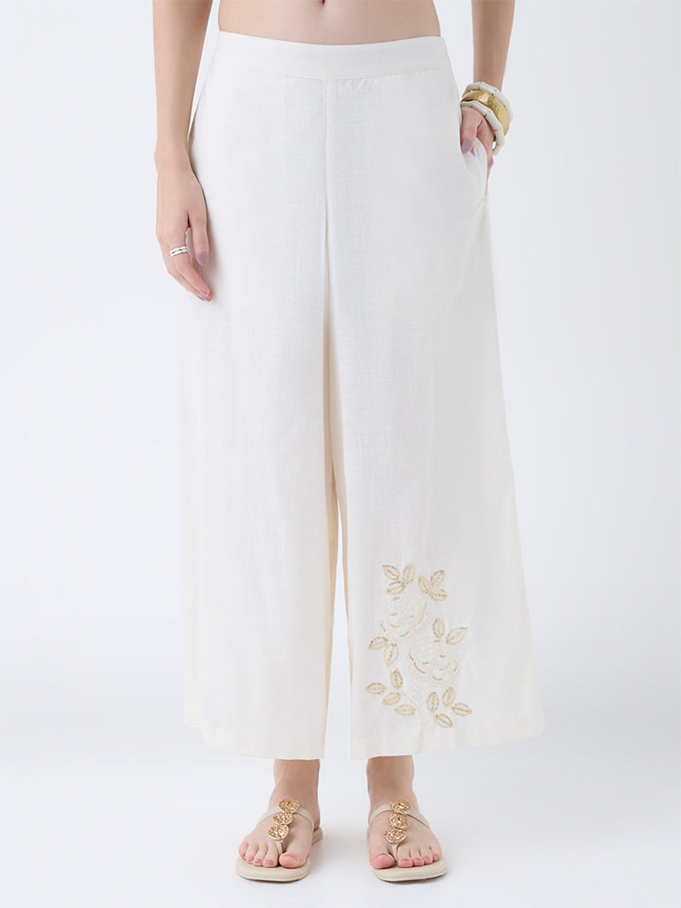 Utsa Off-White Sequin Embellished Cotton-Blend Pants