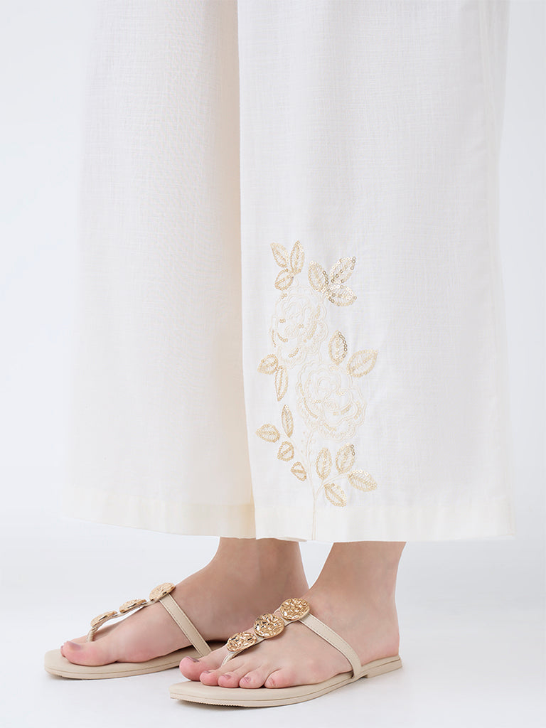 Utsa Off-White Sequin Embellished Cotton-Blend Pants