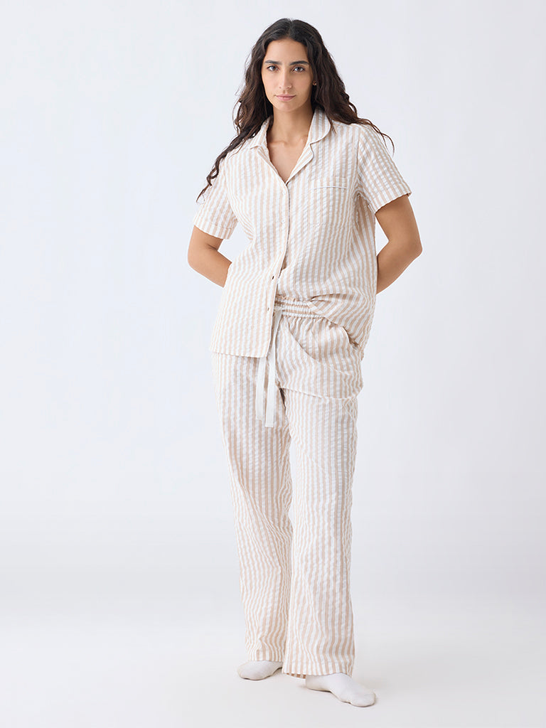 Wunderlove Beige Striped Cotton Shirt and Pyjamas Set
