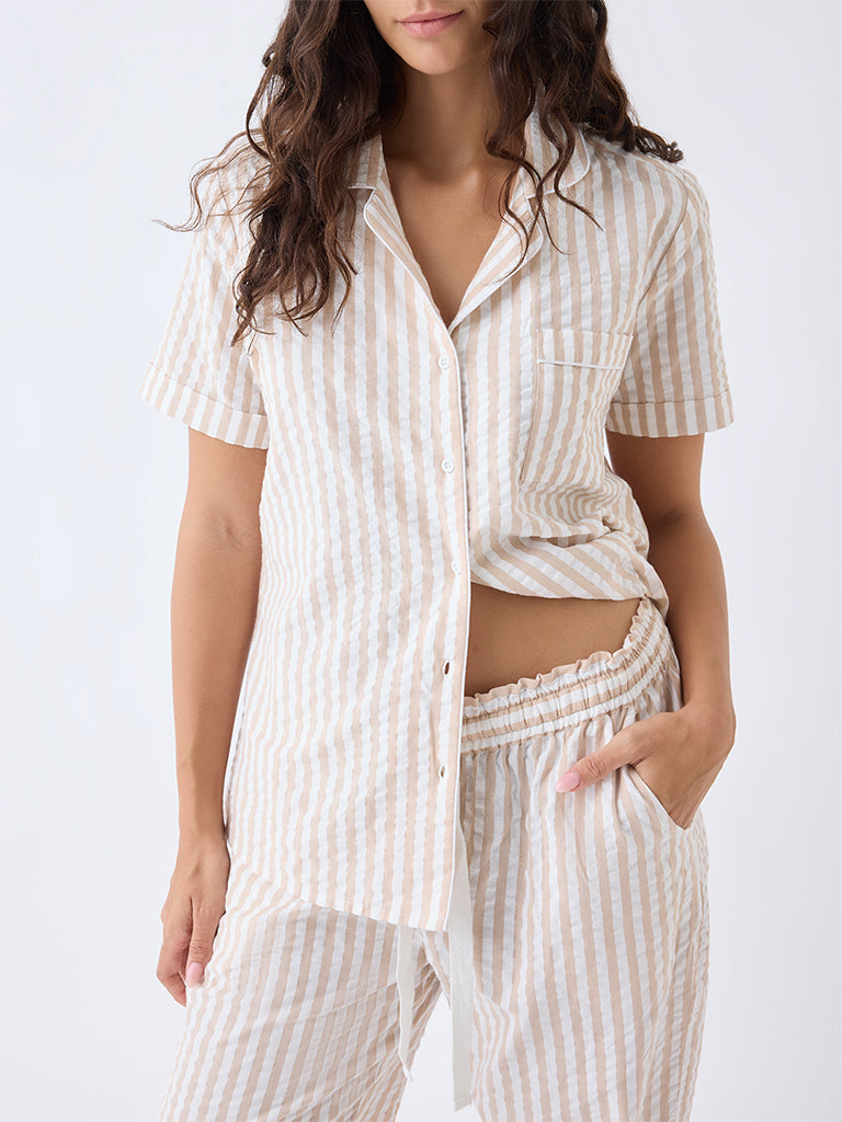 Wunderlove Beige Striped Cotton Shirt and Pyjamas Set