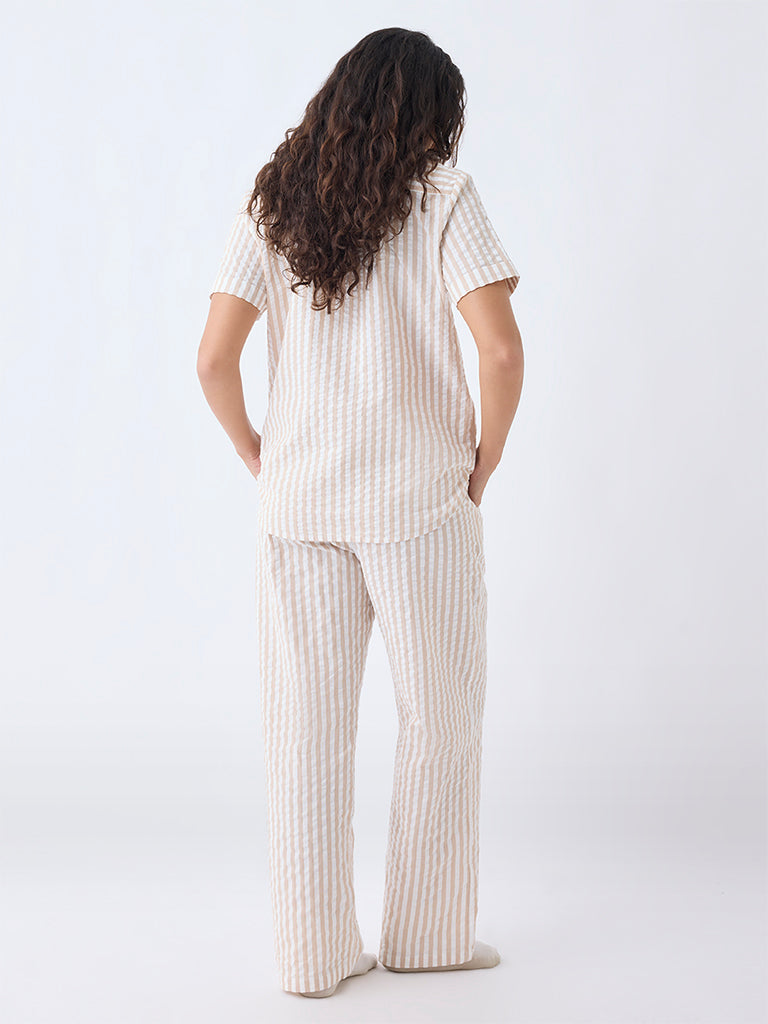Wunderlove Beige Striped Cotton Shirt and Pyjamas Set