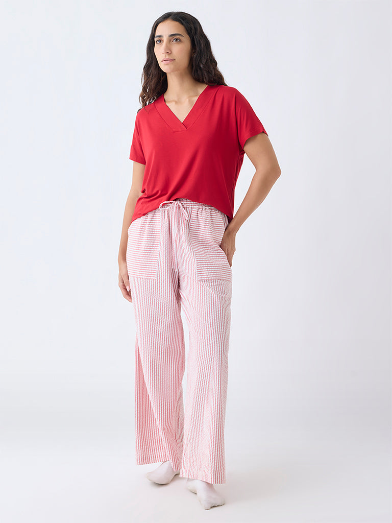 Wunderlove Red Seersucker Striped High-Rise Cotton Pants
