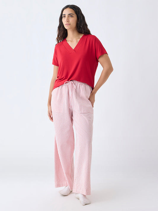 Wunderlove Red Seersucker Striped High-Rise Cotton Pants