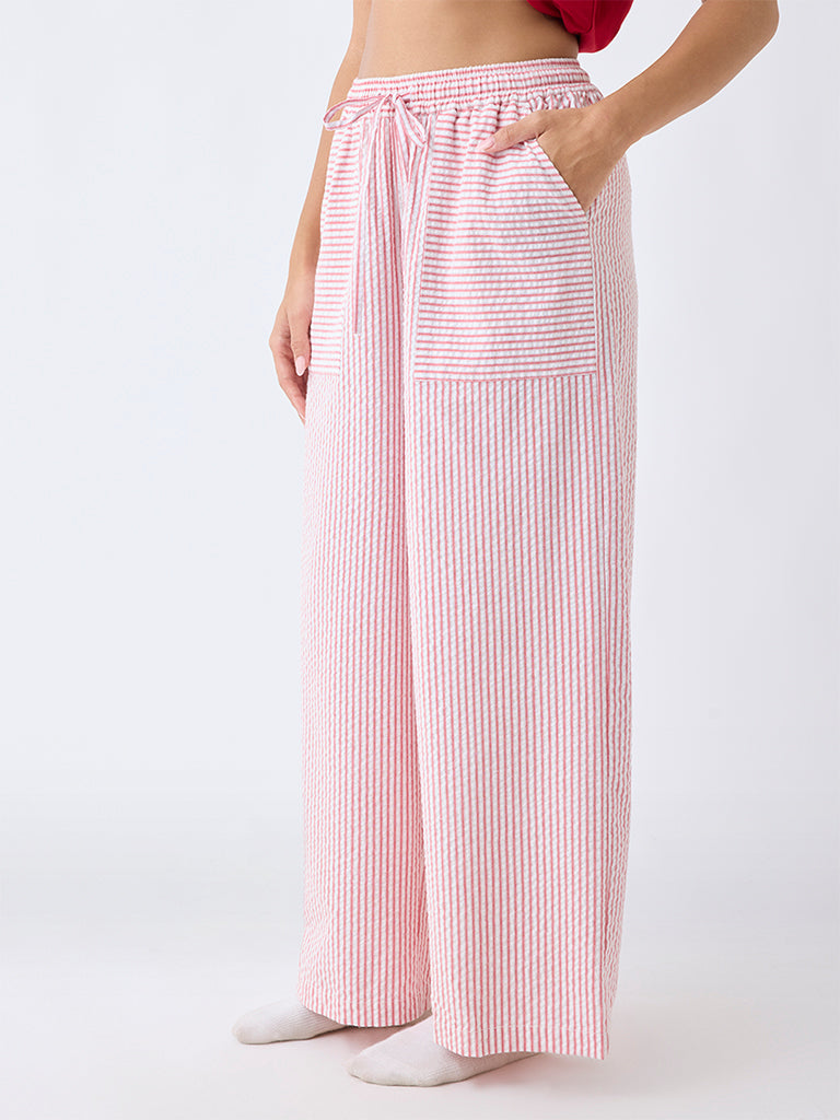 Wunderlove Red Seersucker Striped High-Rise Cotton Pants