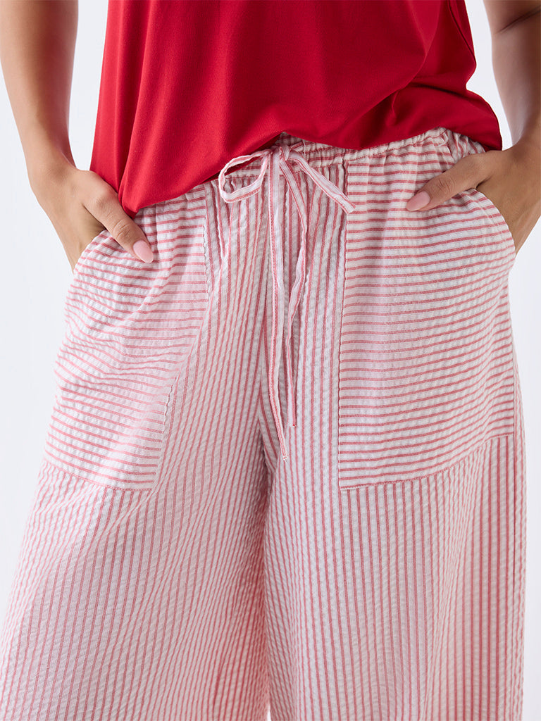 Wunderlove Red Seersucker Striped High-Rise Cotton Pants