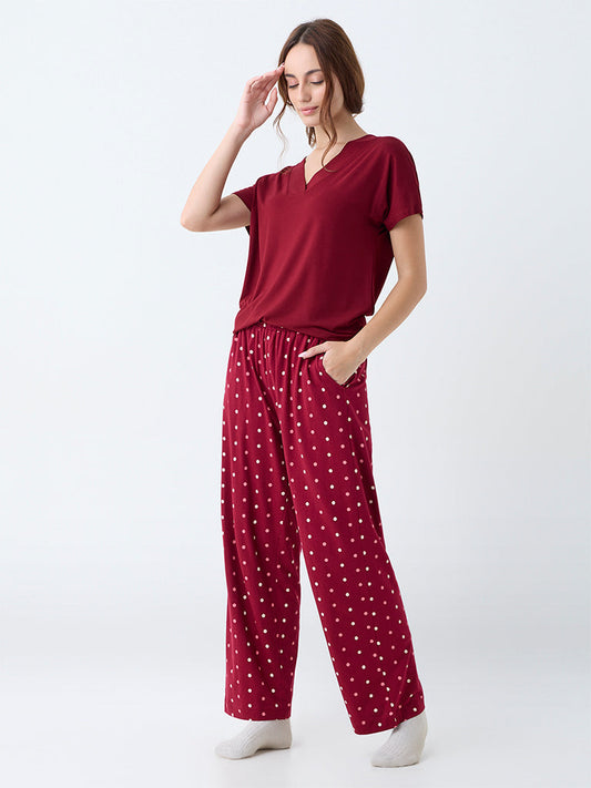 Wunderlove Maroon Polka Dotted High-Rise Cotton Pants