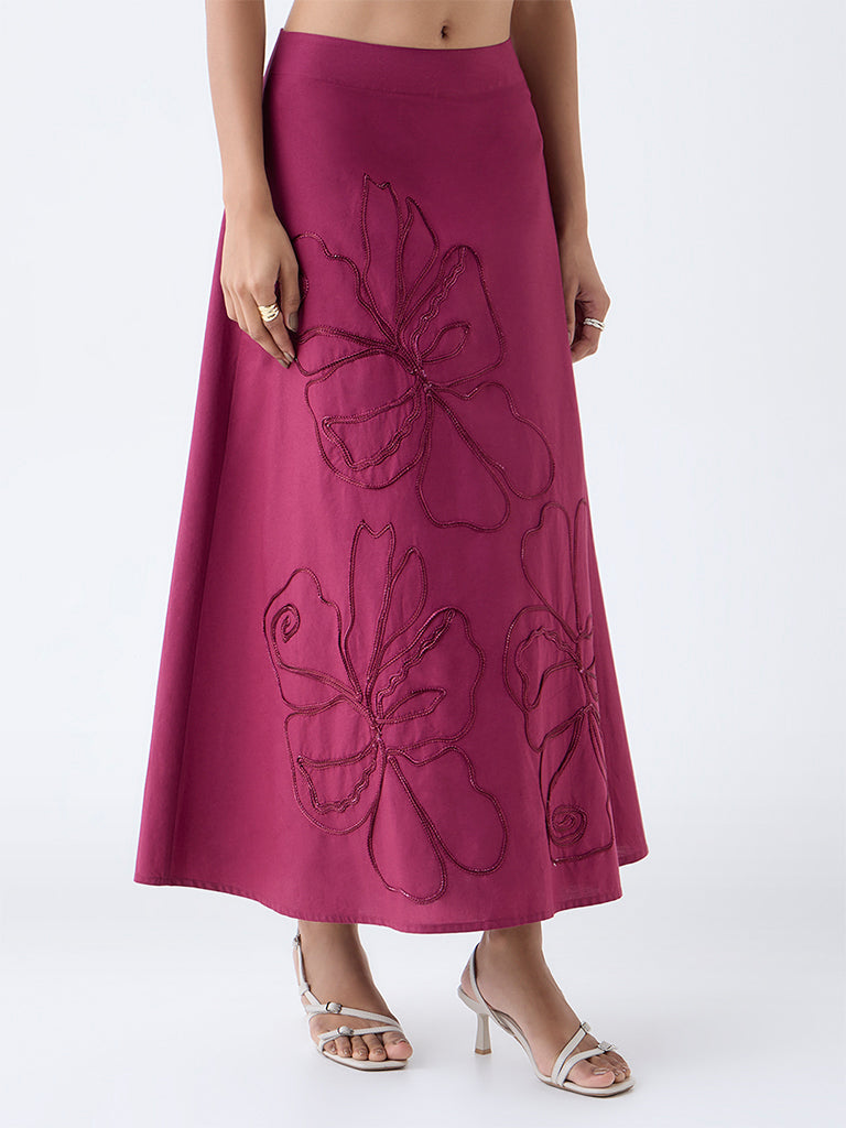 LOV Burgundy Floral Embroidered High-Rise Cotton Skirt