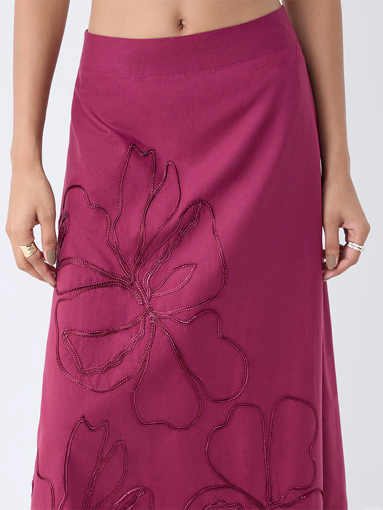 LOV Burgundy Floral Embroidered High-Rise Cotton Skirt