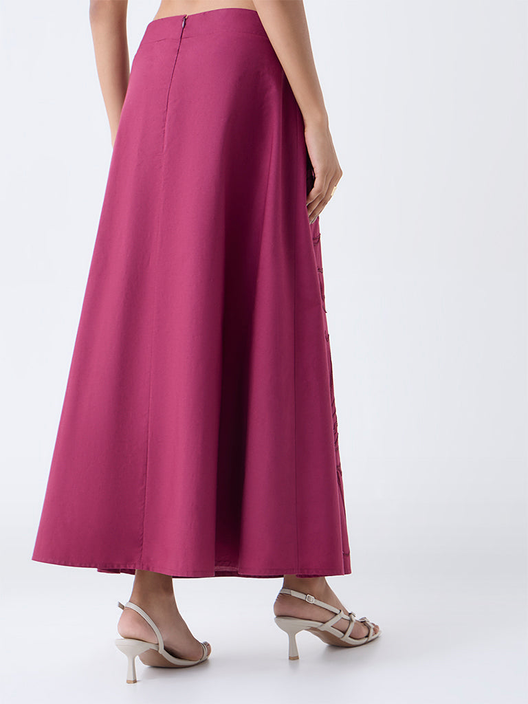 LOV Burgundy Floral Embroidered High-Rise Cotton Skirt