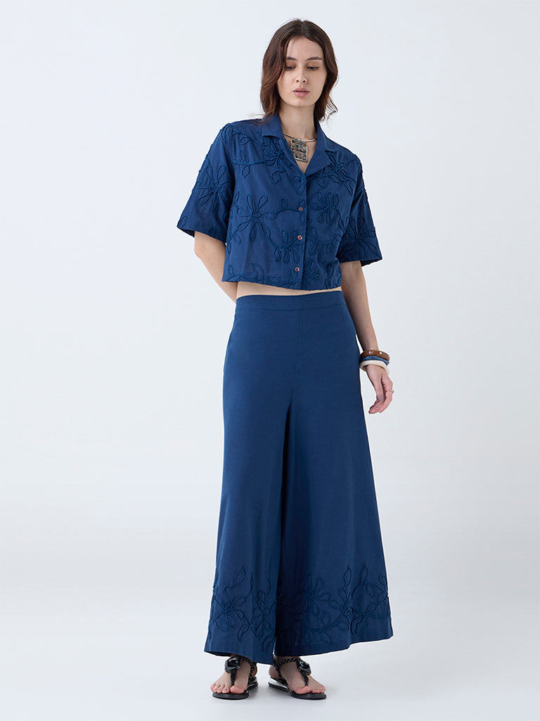 Utsa Indigo Floral Embroidered Cotton-Blend Shirt