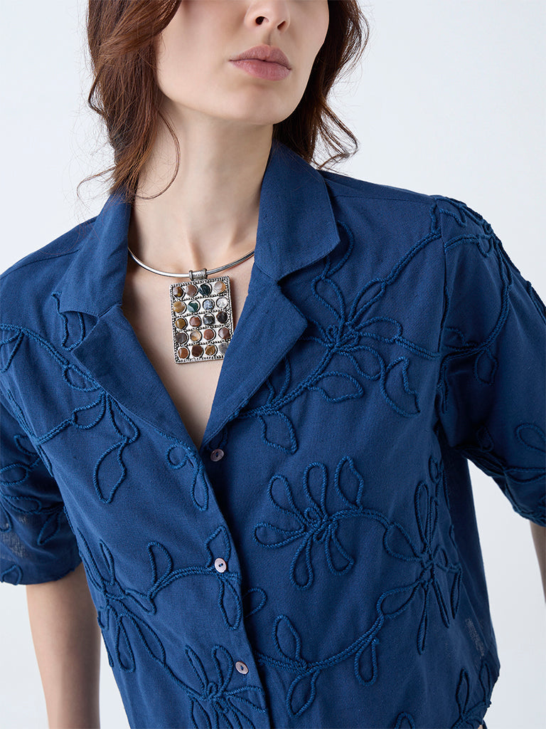 Utsa Indigo Floral Embroidered Cotton-Blend Shirt