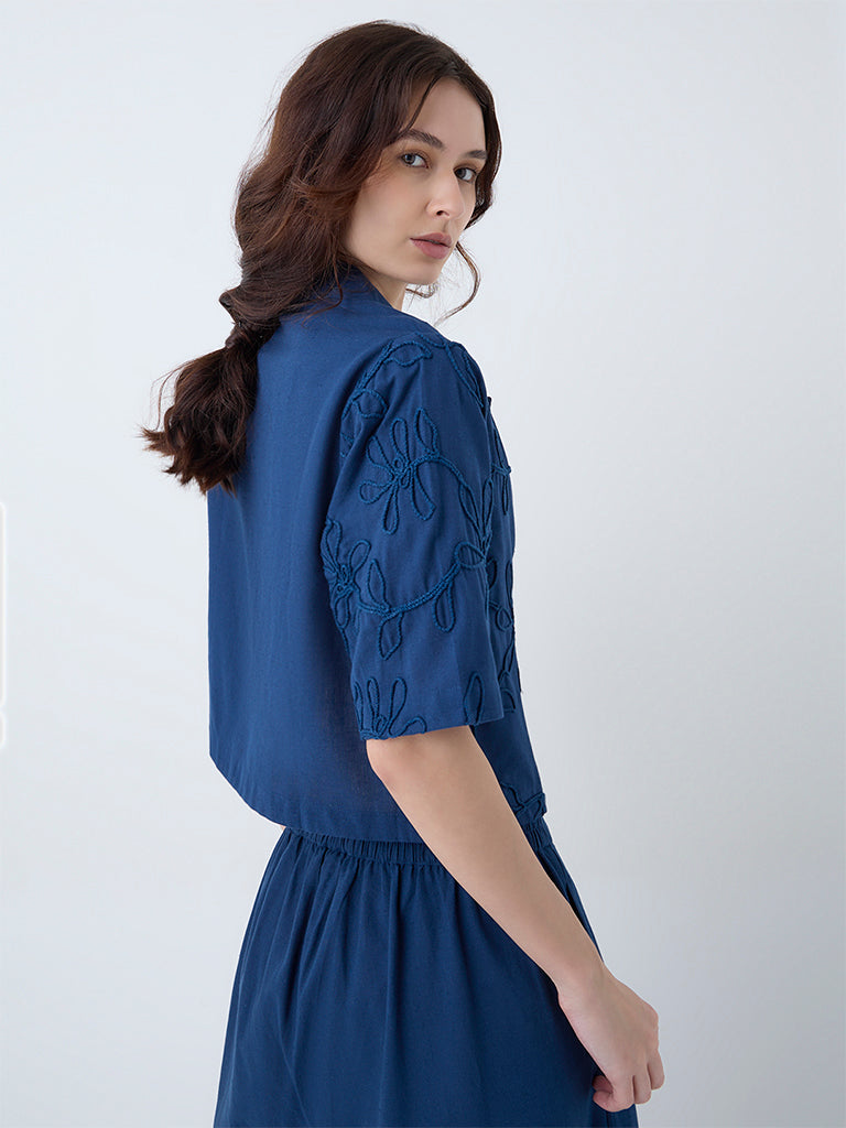 Utsa Indigo Floral Embroidered Cotton-Blend Shirt