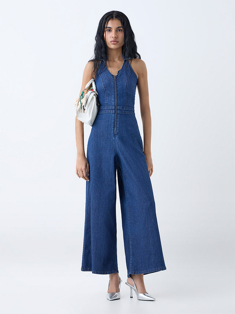 Nuon Blue Solid Denim Jumpsuit