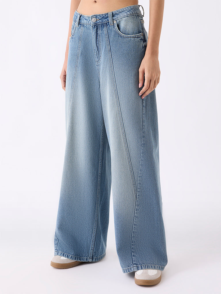 Nuon Blue Faded Wide-Leg High-Rise Jeans
