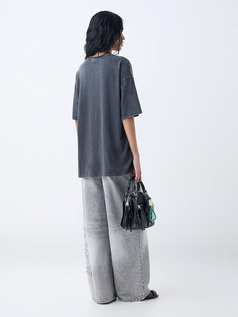 Nuon Grey Printed Cotton T-Shirt