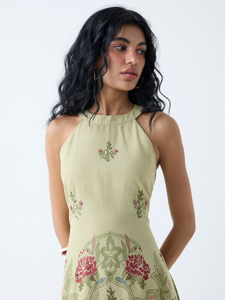 Bombay Paisley Sage Botanical Pattern Cotton A-Line Dress