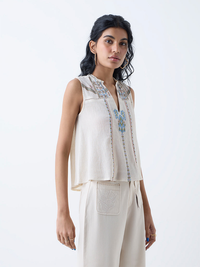 Bombay Paisley Off-White Embroidered Cotton Top