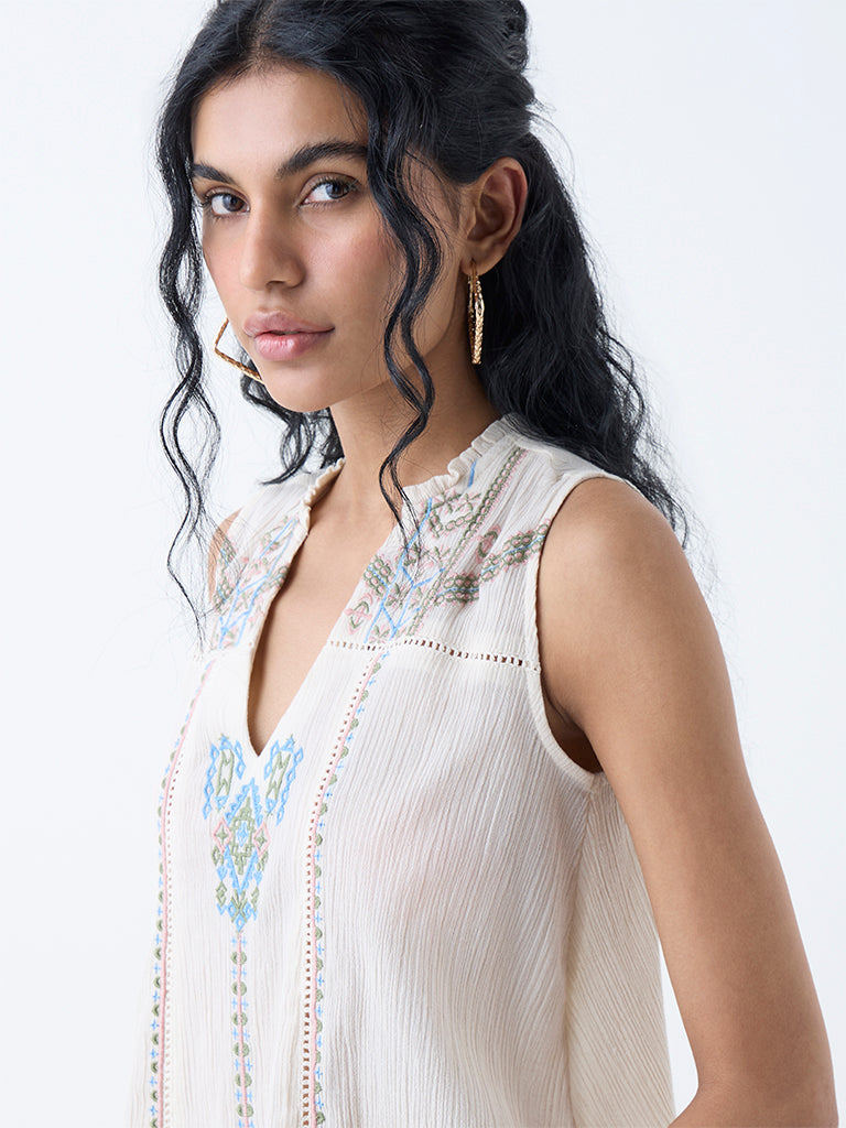 Bombay Paisley Off-White Embroidered Cotton Top