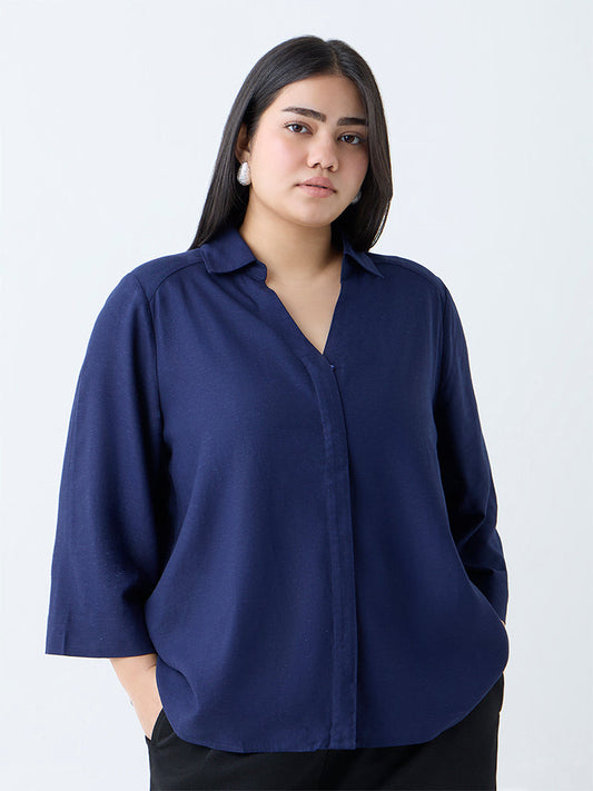 Gia Navy Solid Linen-Blend Shirt