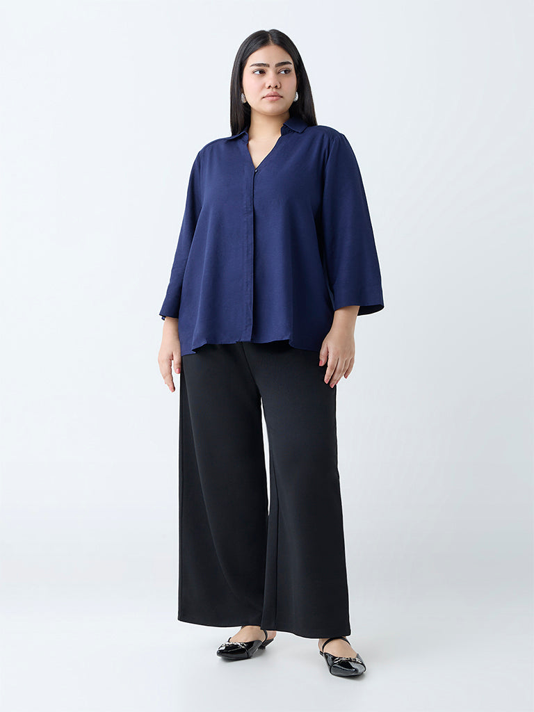 Gia Navy Solid Linen-Blend Shirt