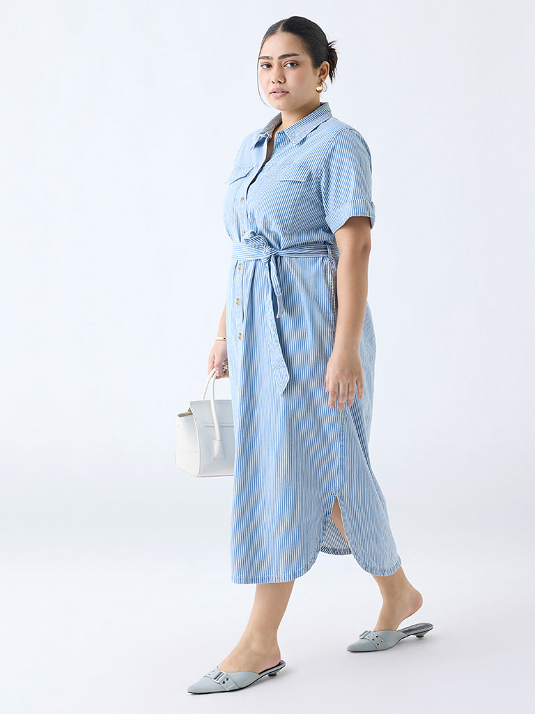 Gia Blue Striped Cotton-Blend Shirt Dress with Belt