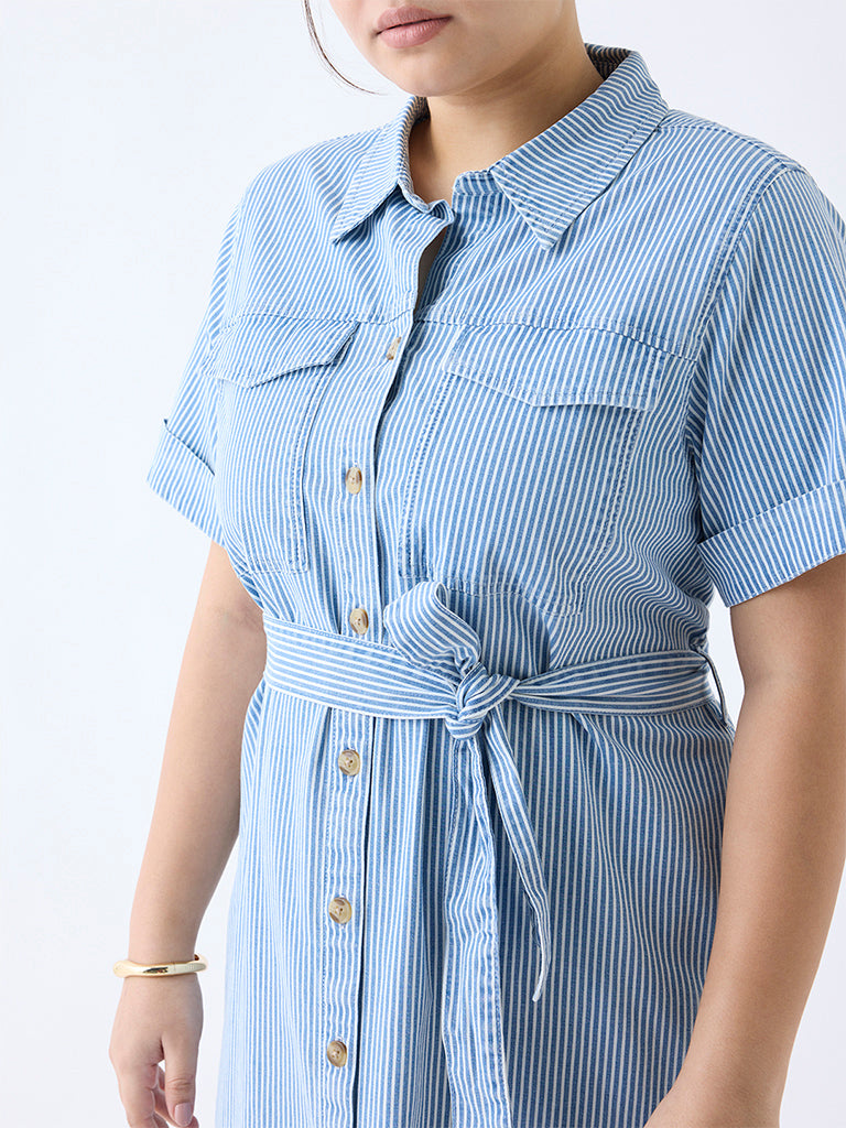 Gia Blue Striped Cotton-Blend Shirt Dress with Belt