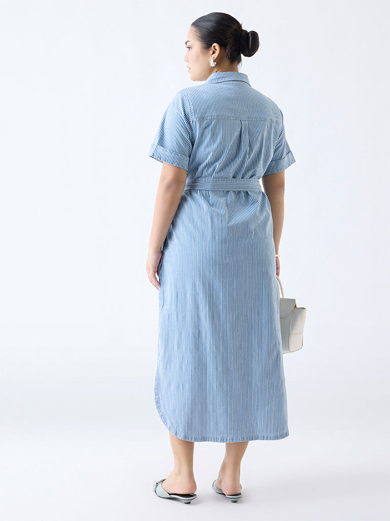 Gia Blue Striped Cotton-Blend Shirt Dress with Belt