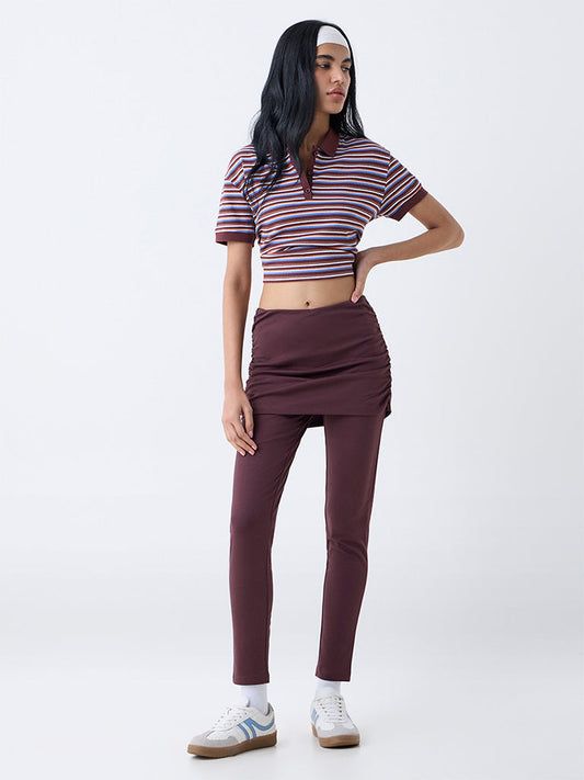 Studiofit Brown Ruched High-Rise Cotton-Blend Pants