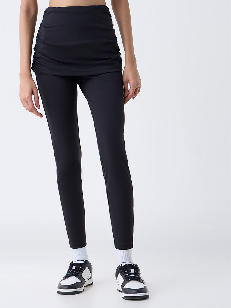 Studiofit Black Ruched High-Rise Cotton-Blend Pants