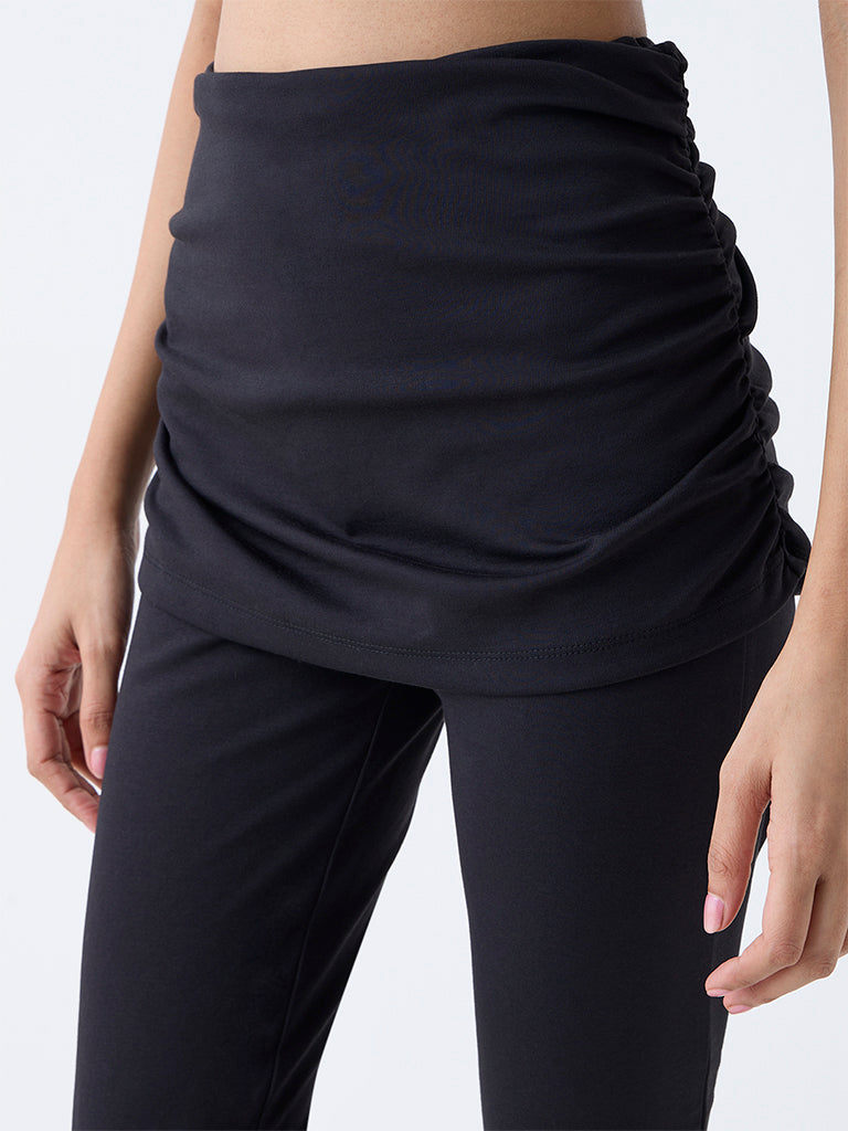 Studiofit Black Ruched High-Rise Cotton-Blend Pants