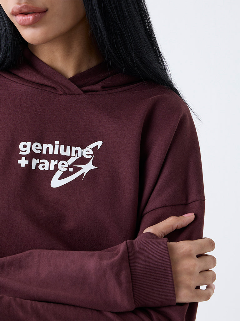 Studiofit Dark Brown Typographic Cotton Hoodie