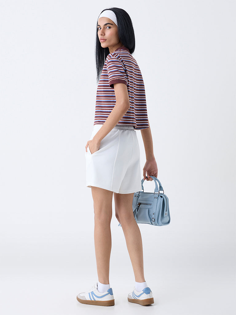 Studiofit Dark Brown Striped Cotton-Blend Polo T-Shirt